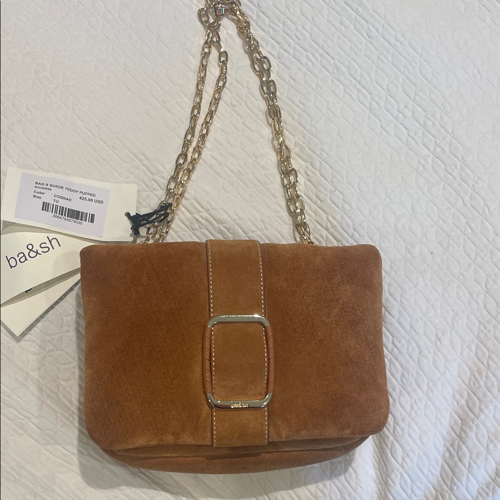 Ba&Sh Teddy Puffed Cognac Suede Shoulder Bag With Gold Chain Strap